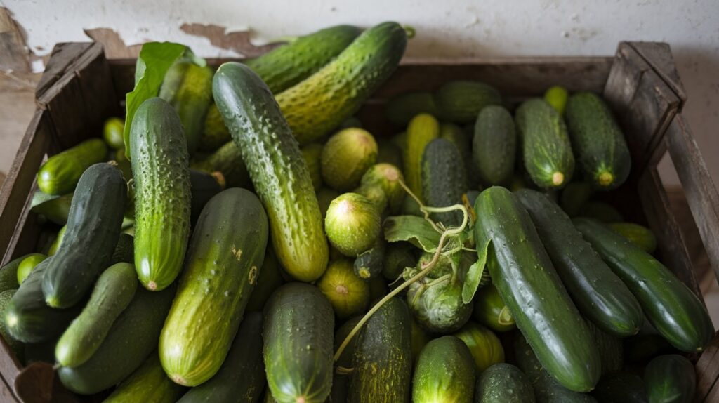 Nuotraukoje pavaizduota dežė su agurkais